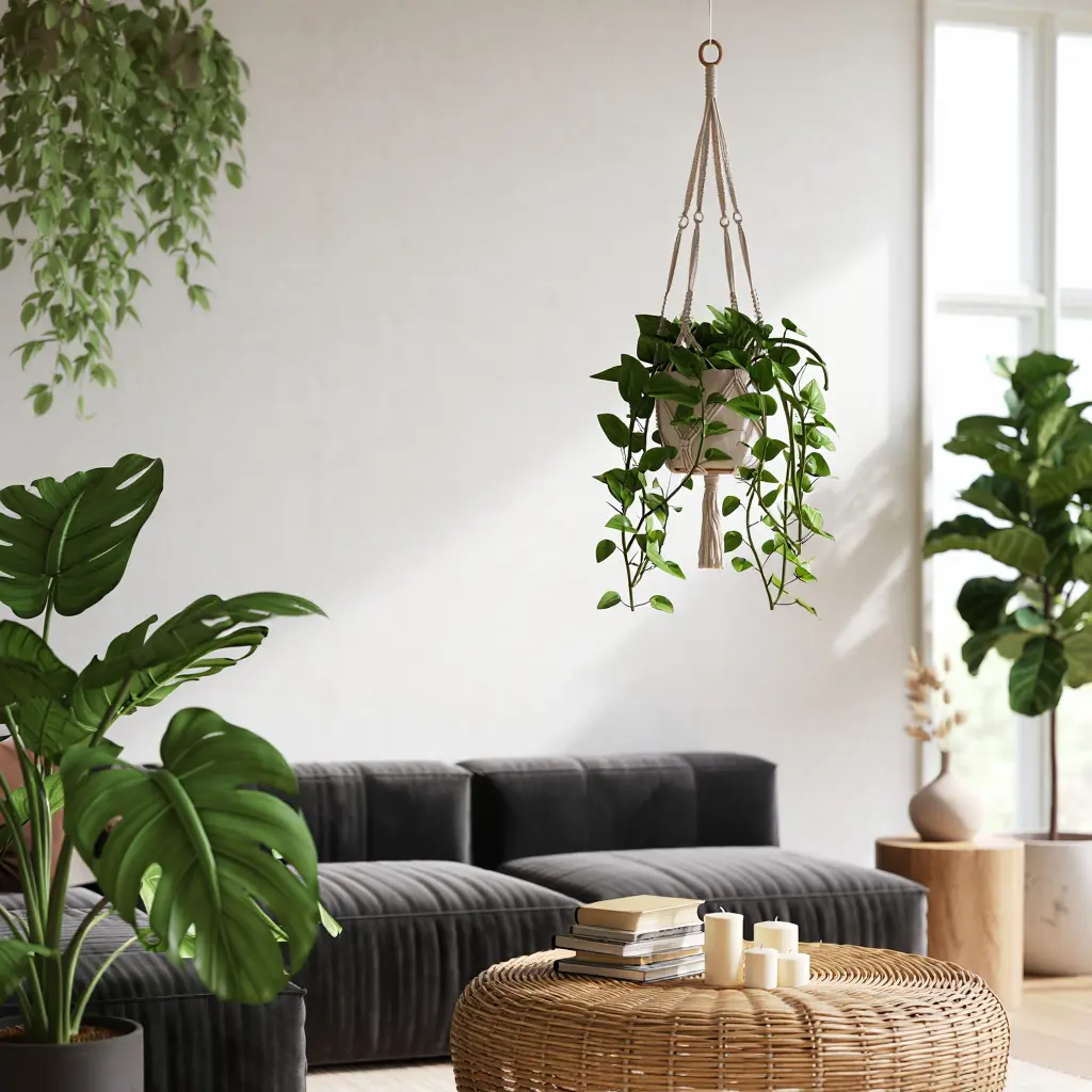 Beautifully styled interior space with curated green plants and modern decor